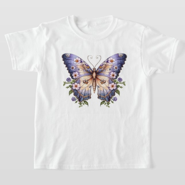 Vackert Lila Butterfly med blommor T Shirt (Laydown)