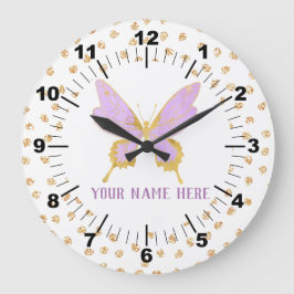 Vackert Lila och Guld Butterfly Stor Klocka