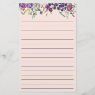 Vackert lila rosa akvarellblommig linjerad brevpapper