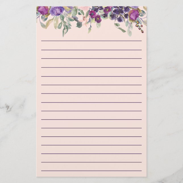Vackert lila rosa akvarellblommig linjerad  brevpapper (Framsida)