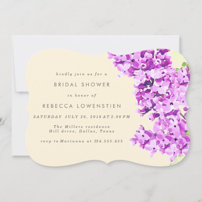 Vackert Lilac Blommigt Watercolor Möhippa Inbjudningar (Framsida)