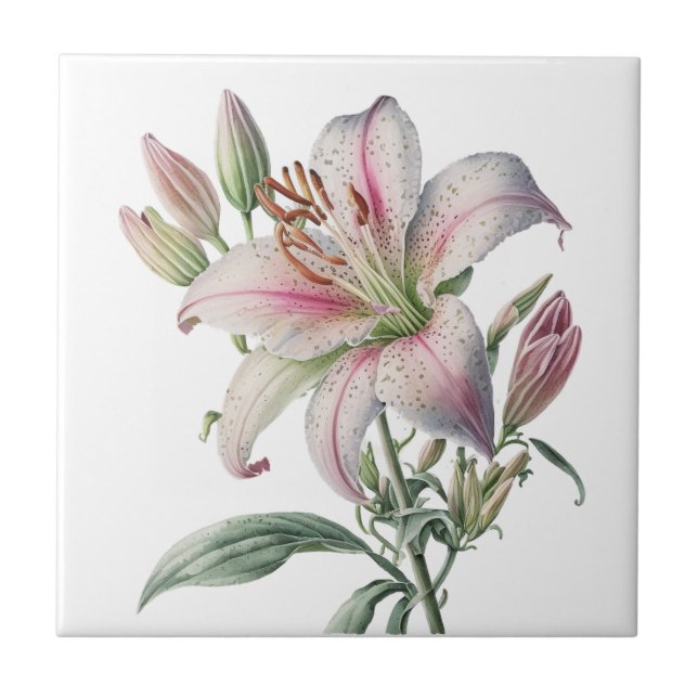 Vackert Lily Vintage Botaniskt keramiskt Tile Kakelplatta (Framsidan)