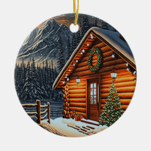 Vackert Ljus-logg Cabin Mountain Snö Julgransprydnad Keramik