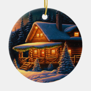 Vackert Ljus-logg Cabin Mountain Snö Julgransprydnad Keramik
