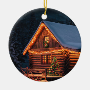 Vackert Ljus-logg Cabin Mountain Snö Julgransprydnad Keramik