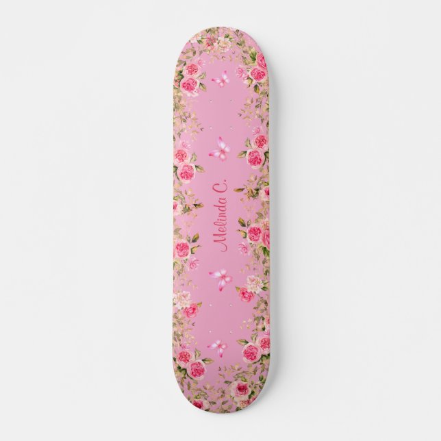 Vackert ljust rosa & rosa rosor & rosa fjärilar mini skateboard bräda 18,5 cm (Framsida)