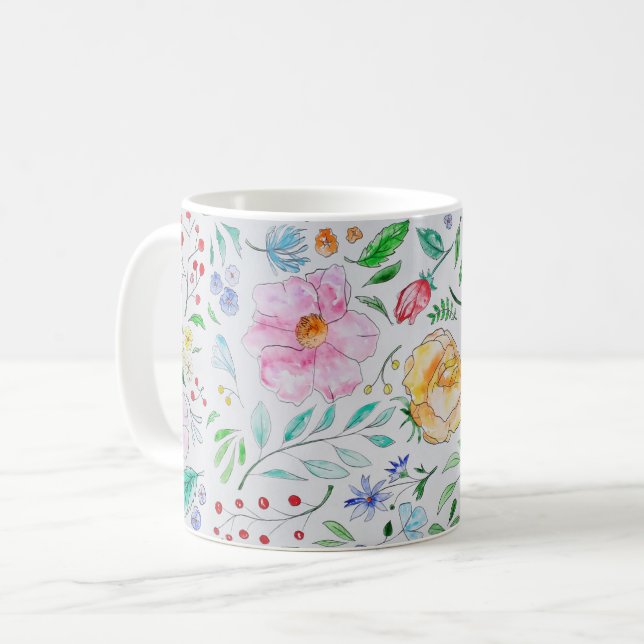 Vackert Ljust Vattenfärg Blommor och Knoppar Mönst Kaffemugg (Framsida vänster)