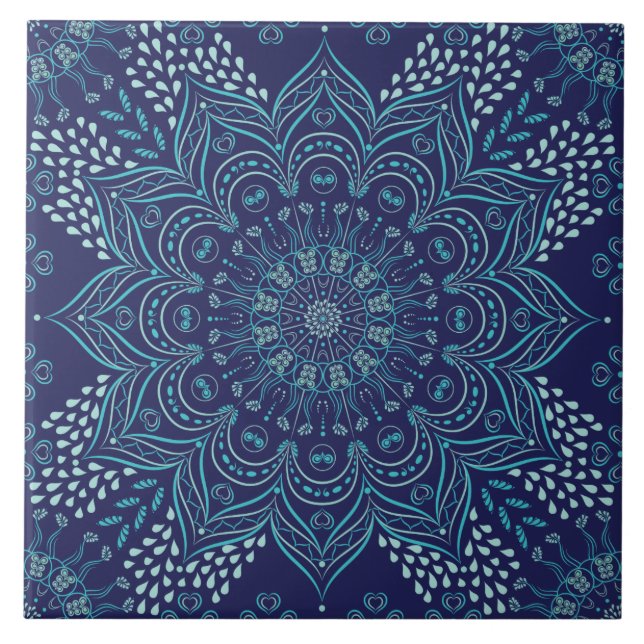Vackert mandala keramiskt plattor | marin blå, tea kakelplatta (Framsidan)