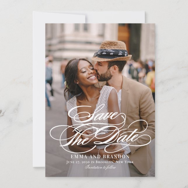 Vackert manus Elegant Bröllop Spara Datum-kort Inbjudningar (Framsida)