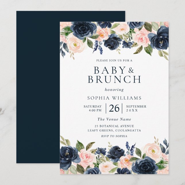 Vackert marin och  Blommigt Babykläder Brunch Inbjudningar (Fram/baksida)