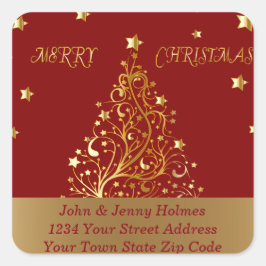 Vackert metallhaltigt guld Julgran på mörk rött Fyrkantigt Klistermärke