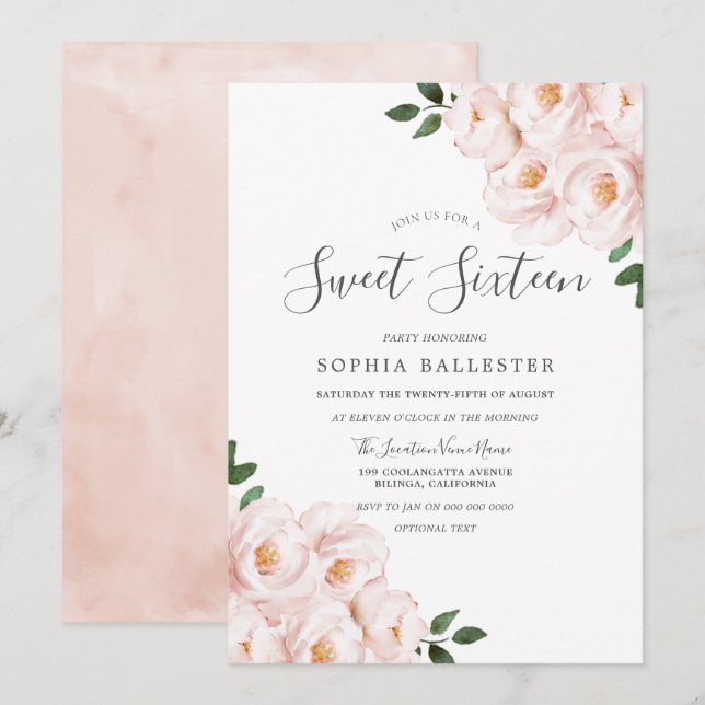 Vackert, mjukt  Rosa Blommor Sweet 16 Inbjudningar (Fram/baksida)