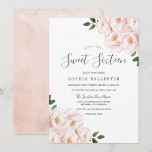 Vackert, mjukt Rosa Blommor Sweet 16 Inbjudningar