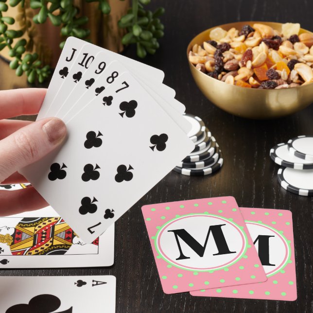 Vackert monogram rosa gröna prickar  casinokort (På plats)