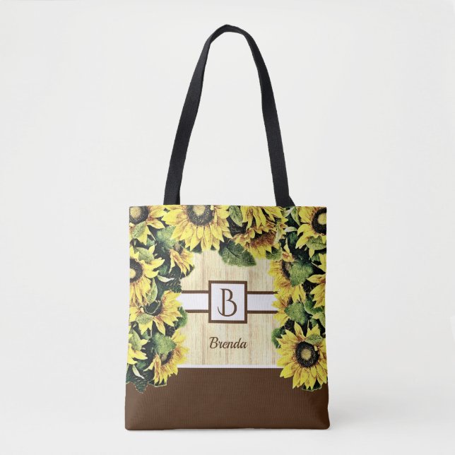 Vackert monogram Solrosblommor Tote Bag Tygkasse (Framsida)