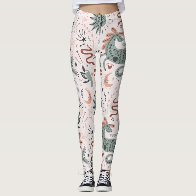 Vackert mönster i rosa och grönt Måne Leggings (Framsida)