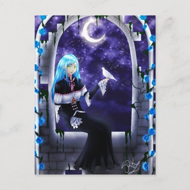Vackert mysteriskt Anime Girl med duva Vykort (Framsida)