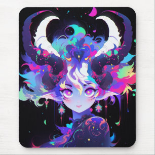 Vackert Neon Anime Demon Elf Girl med Horns Musmatta