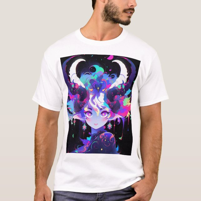 Vackert Neon Anime Demon Elf Girl med Horns T Shirt (Framsida)