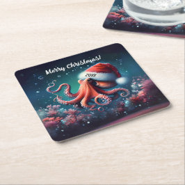 Vackert Octopus i Santa Hat Underlägg Papper Kvadrat