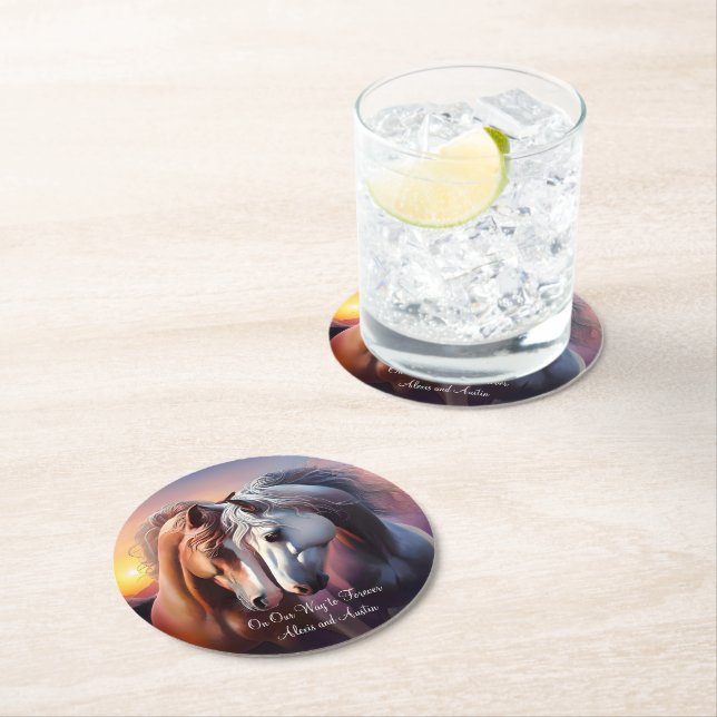 Vackert par av hästar för årsdagen underlägg papper rund (Insitu)