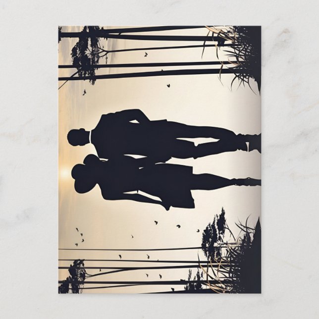 Vackert par går tillsammans in i solnedgången vykort (Framsida)