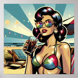 Vackert Pinup Woman med en Cola på Beach Poster