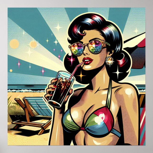 Vackert Pinup Woman med en Cola på Beach Poster (Framsidan)