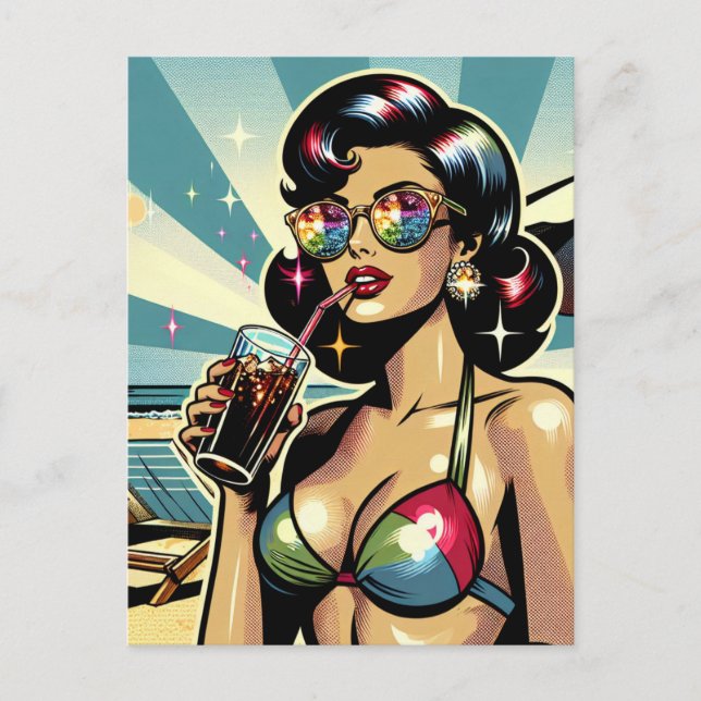 Vackert Pinup Woman med en Cola på Beach Vykort (Framsida)