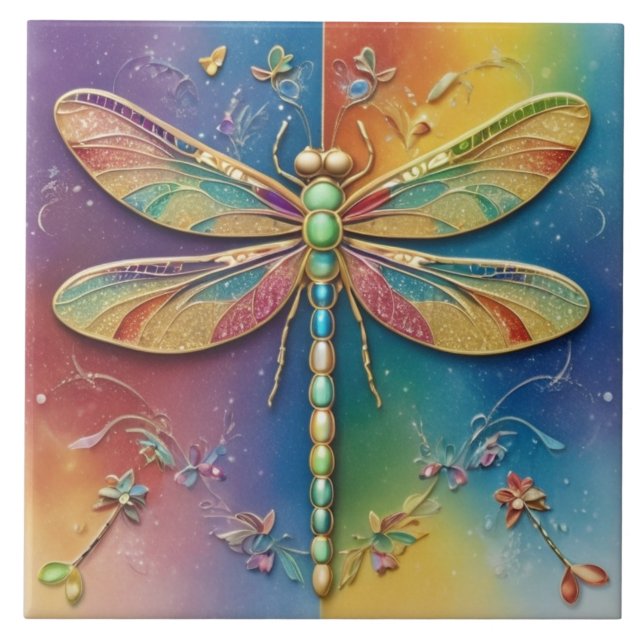 Vackert regnbåge Dragonfly - färgfull multifärgad Kakelplatta (Framsidan)
