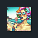 Vackert Retro Pop Art Woman med Lollipop Canvastryck<br><div class="desc">Retro stil kvinna i solglasögon med färgat hår och en lollipop med en strandbakgrund i psykodelic färg.</div>