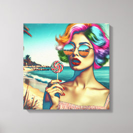 Vackert Retro Pop Art Woman med Lollipop Canvastryck