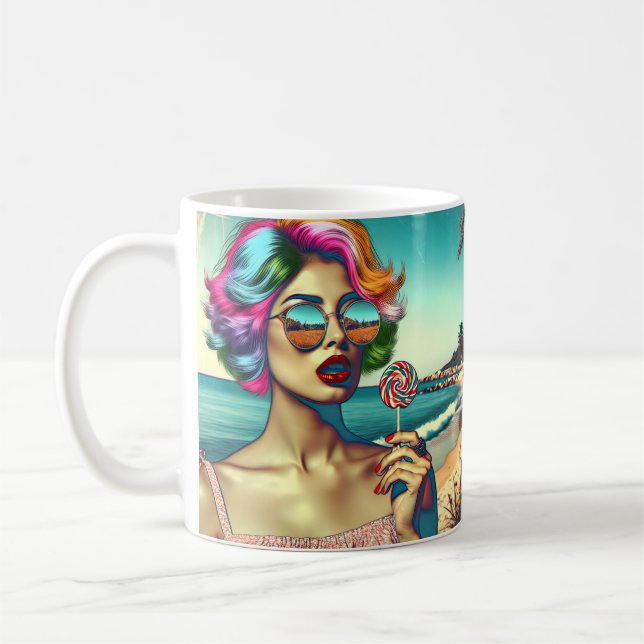 Vackert Retro Pop Art Woman med Lollipop Kaffemugg (Vänster)