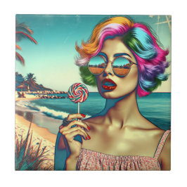Vackert Retro Pop Art Woman med Lollipop Kakelplatta