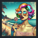 Vackert Retro Pop Art Woman med Lollipop Poster<br><div class="desc">Retro stil kvinna i solglasögon med färgat hår och en lollipop med en strandbakgrund i psykodelic färg.</div>