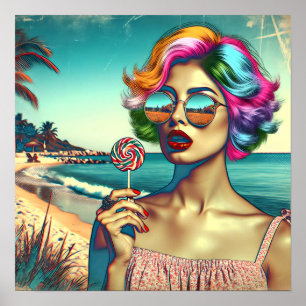 Vackert Retro Pop Art Woman med Lollipop Poster