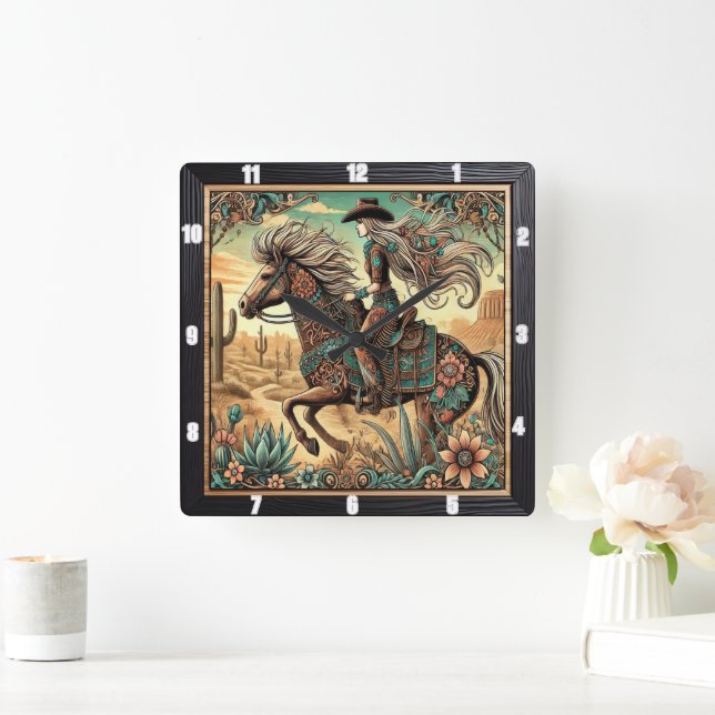 Vackert Rider på en häst i ökenlandskapet Fyrkantig Klocka (Hem)