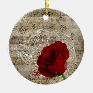 Vackert röd ros musik noter-snäcka piano julgransprydnad keramik