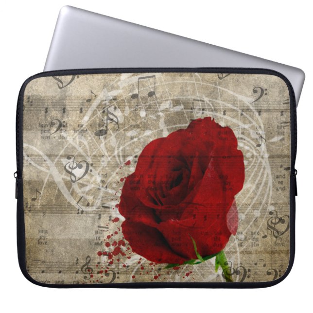 Vackert röd ros musik noter-snäcka piano laptop sleeve (Framsidan)
