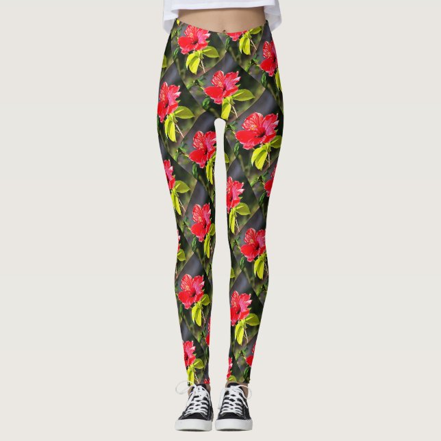 Vackert, rödtropisk Hibiscus Flower Leggings (Framsida)