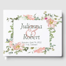 Vackert rosa akvarellblommig bröllopsgästbok