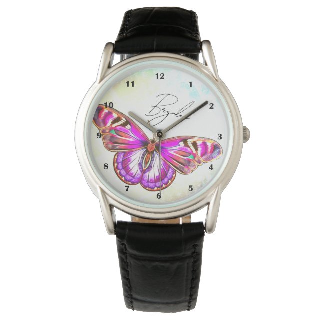Vackert Rosa Butterfly Illustration-eget namn Armbandsur (Framsida)