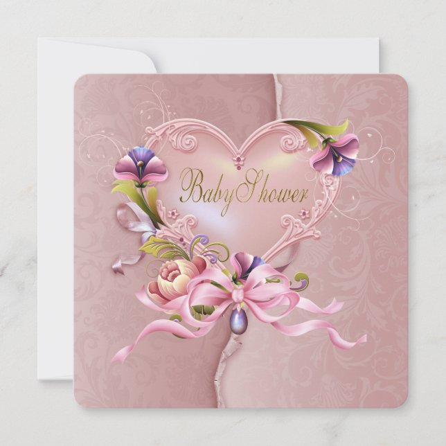 Vackert Rosa Damaskhjärta Baby Shower Inbjudningar (Framsida)
