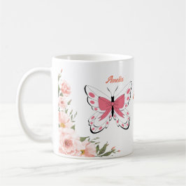 Vackert Rosa Flowers Butterflies Namn Monogram Kaffemugg