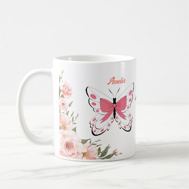 Vackert Rosa Flowers Butterflies Namn Monogram Kaffemugg (Vänster)