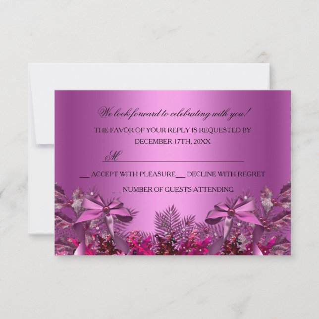 Vackert Rosa Lövverk & Bow Julfest RSVP Inbjudningar (Framsida)