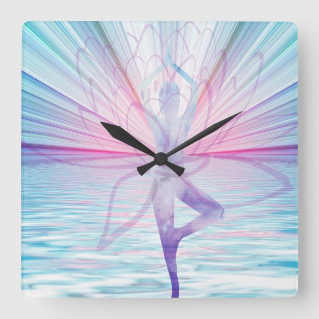 Vackert Rosa och Blue Vrikshasana Yoga Clock Fyrkantig Klocka (Framsida)