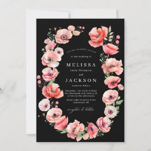 Vackert Rosa och Röda vallmo Flower Bröllop Black Inbjudningar