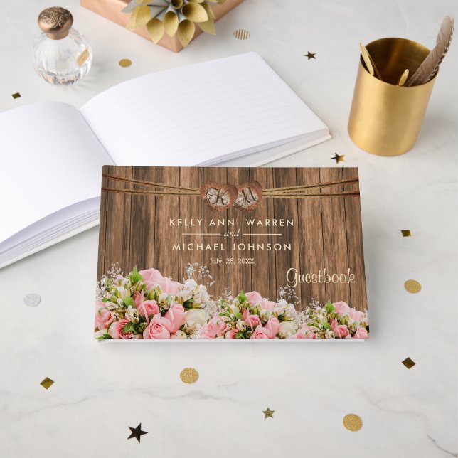 Vackert Rosa och Vit ros på Wood - Guestbook Gästböcker (Framsida öppen)