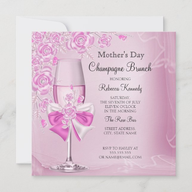 Vackert rosa ros champagnebrunch på mors dag inbjudningar (Framsida)
